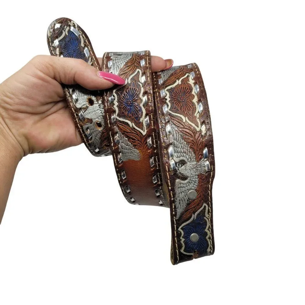 Handcrafted Brown Western Leather Belt Hand Painted Silver Eagle Embossing‎ 32